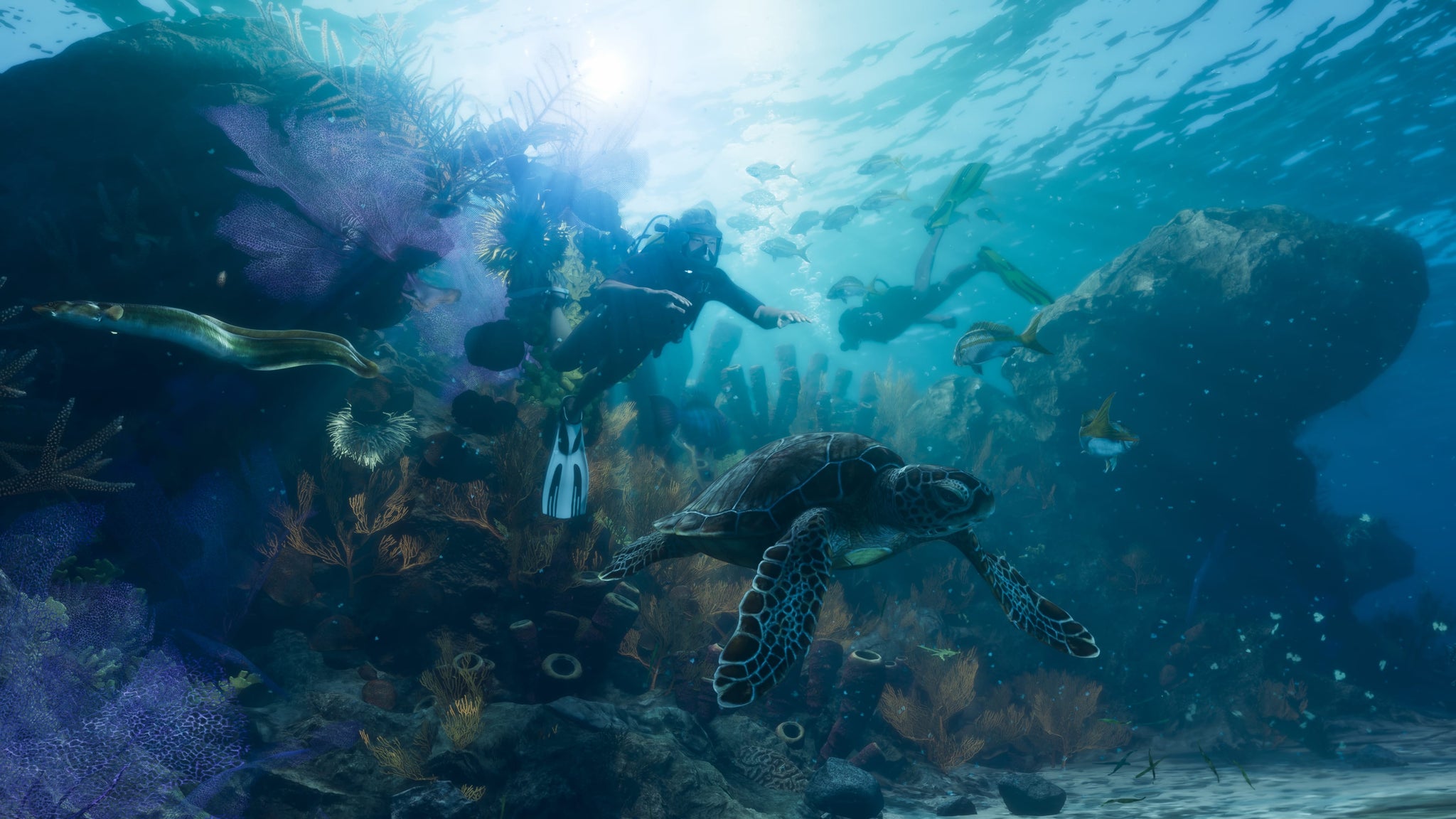 Underwater scene in GTA 6 showing divers among a reef with turtles swimming around them