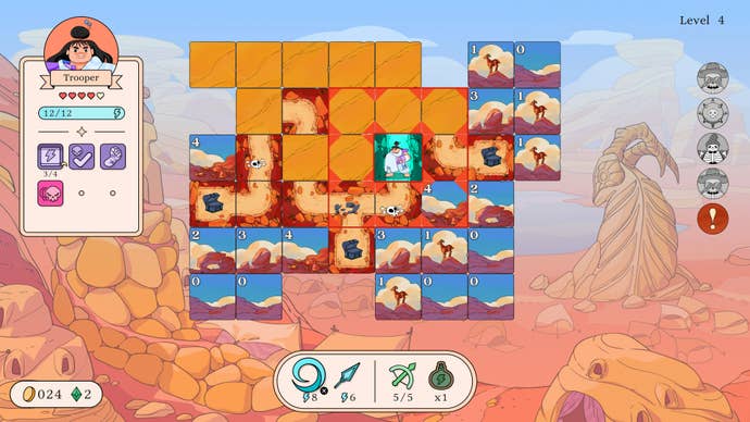 A warrior prepares a roundhouse attack on a desert-themed board of tiles in Let’s! Revolution!