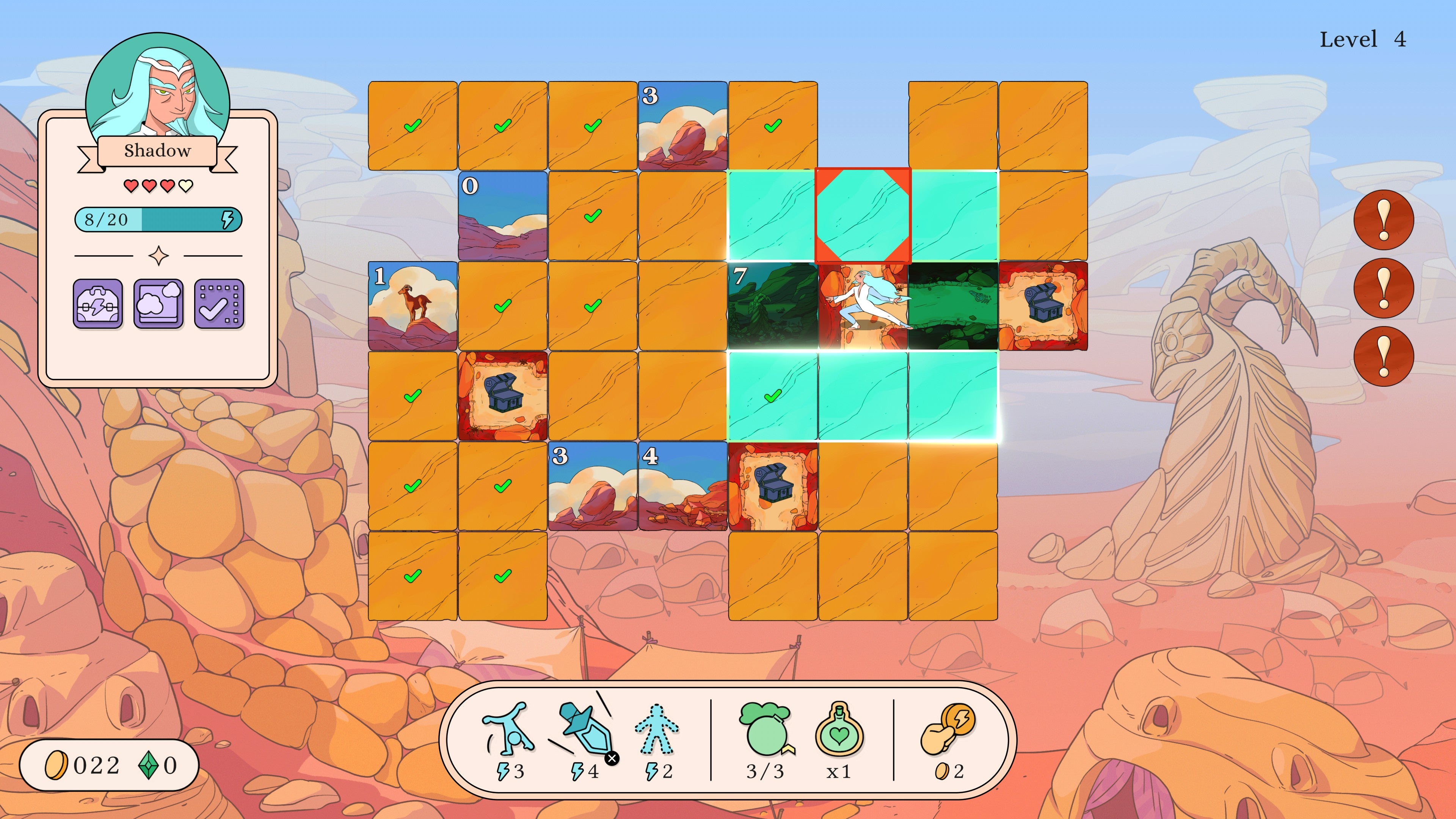 A long-haired warrior prepares to move in a desert-themed board of tiles in Let&rsquo;s! Revolution!