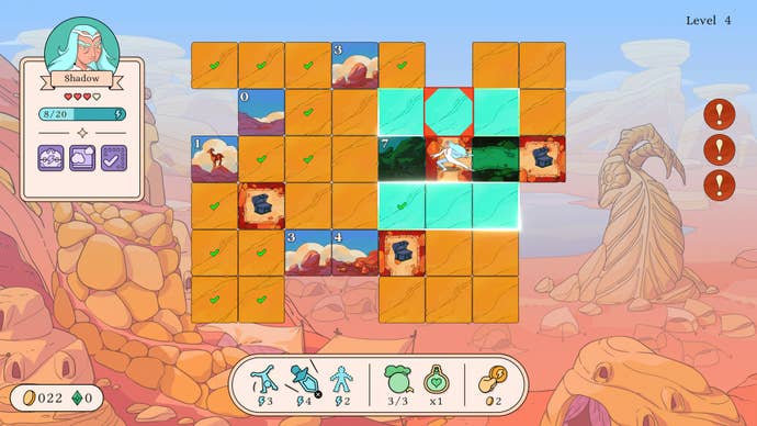 A long-haired warrior prepares to move in a desert-themed board of tiles in Let’s! Revolution!