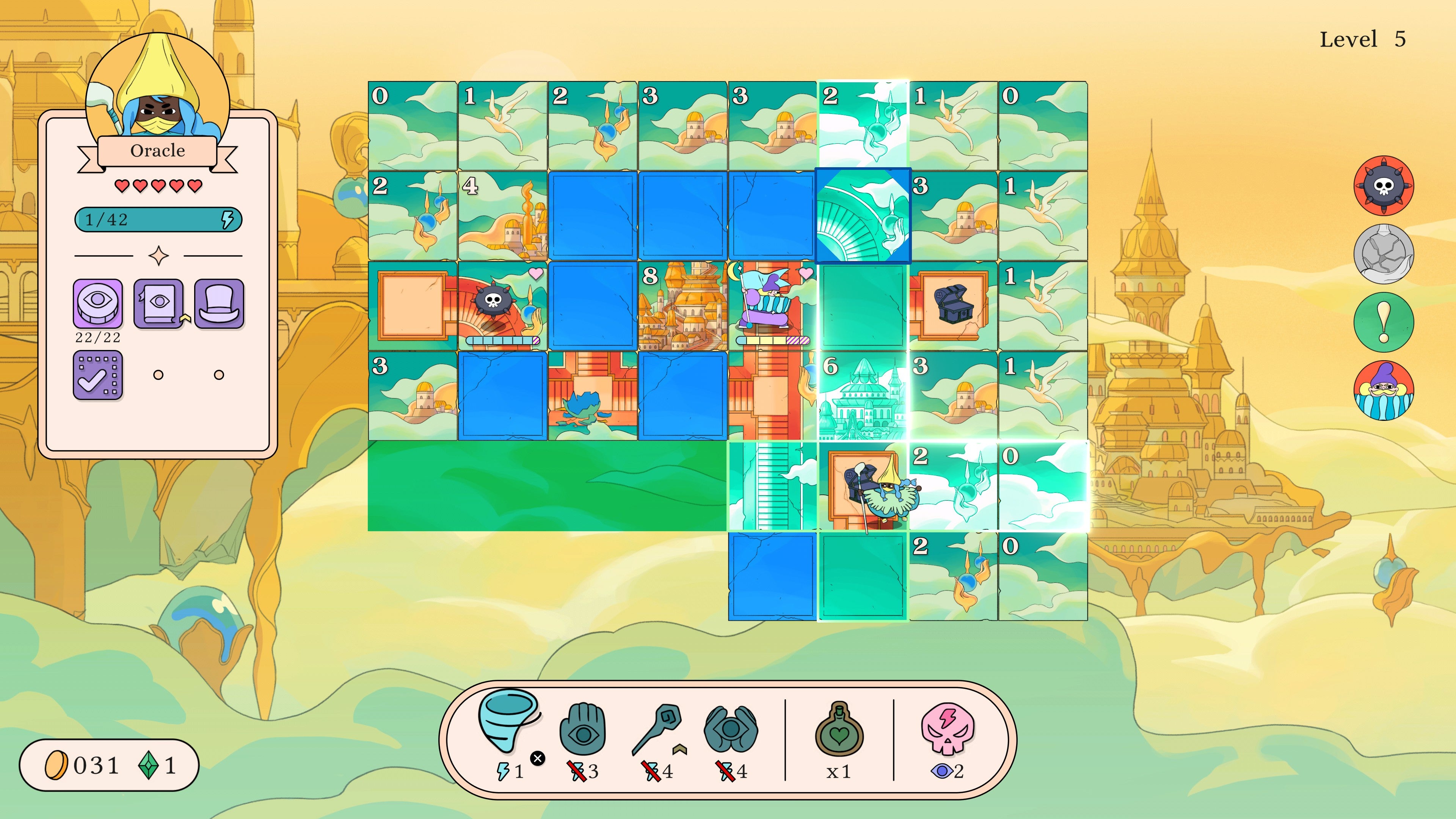 A small witch character prepares to teleport across a floating city-themed board of tiles in Let&rsquo;s! Revolution!