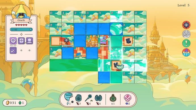 A small witch character prepares to teleport across a floating city-themed board of tiles in Let’s! Revolution!