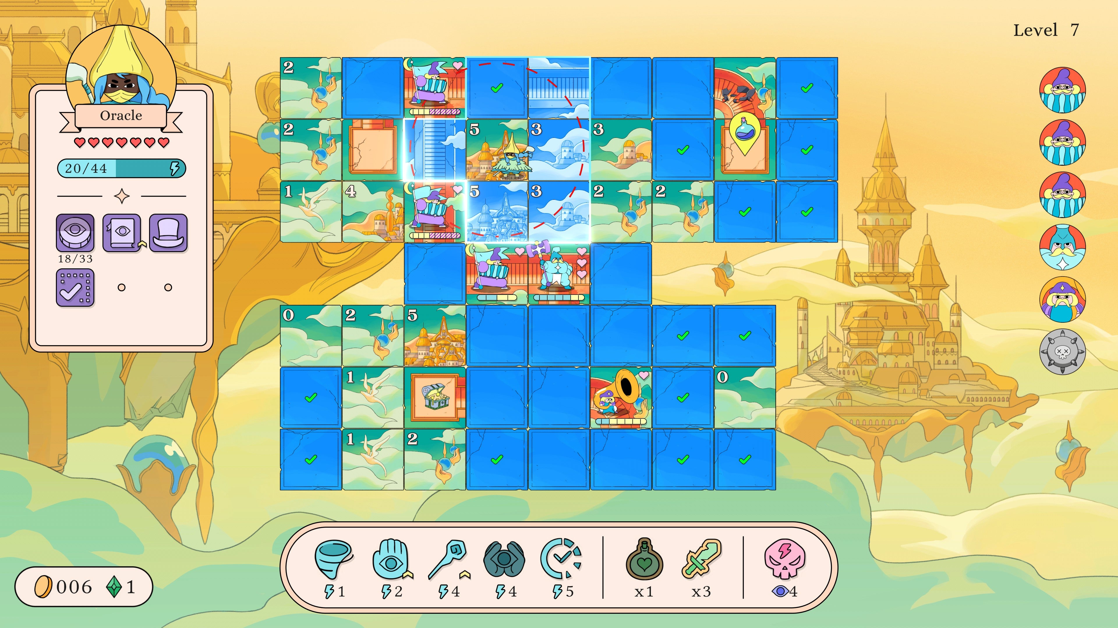 A witch character is surrounded by enemies on a floating city-themed board of tiles in Let&rsquo;s! Revolution!