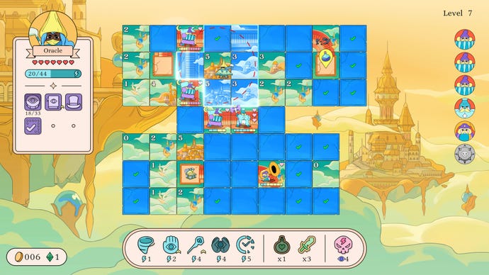 A witch character is surrounded by enemies on a floating city-themed board of tiles in Let’s! Revolution!