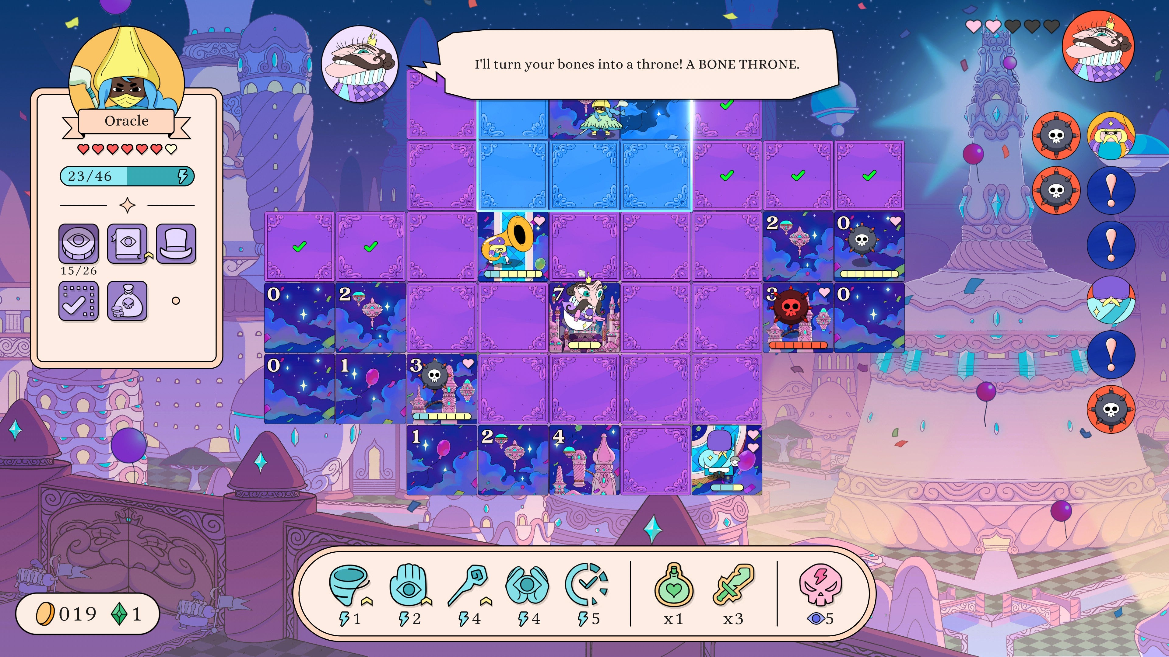 A king threatens a witch in a city-themed board of tiles in Let&rsquo;s! Revolution!