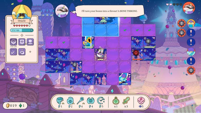 A king threatens a witch in a city-themed board of tiles in Let’s! Revolution!