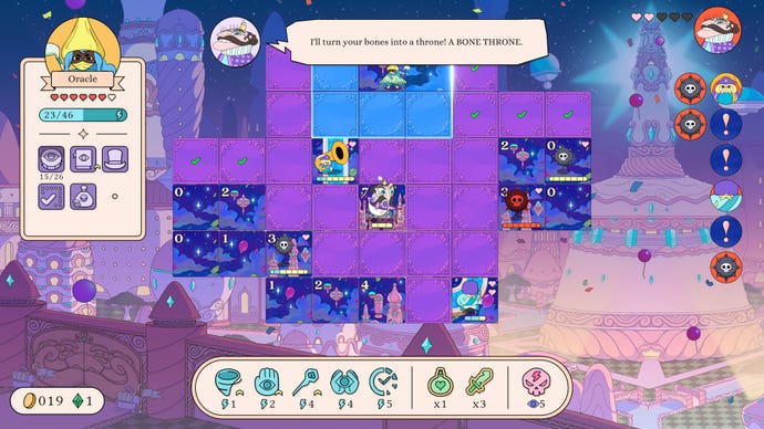 A king threatens a witch in a city-themed board of tiles in Let’s! Revolution!