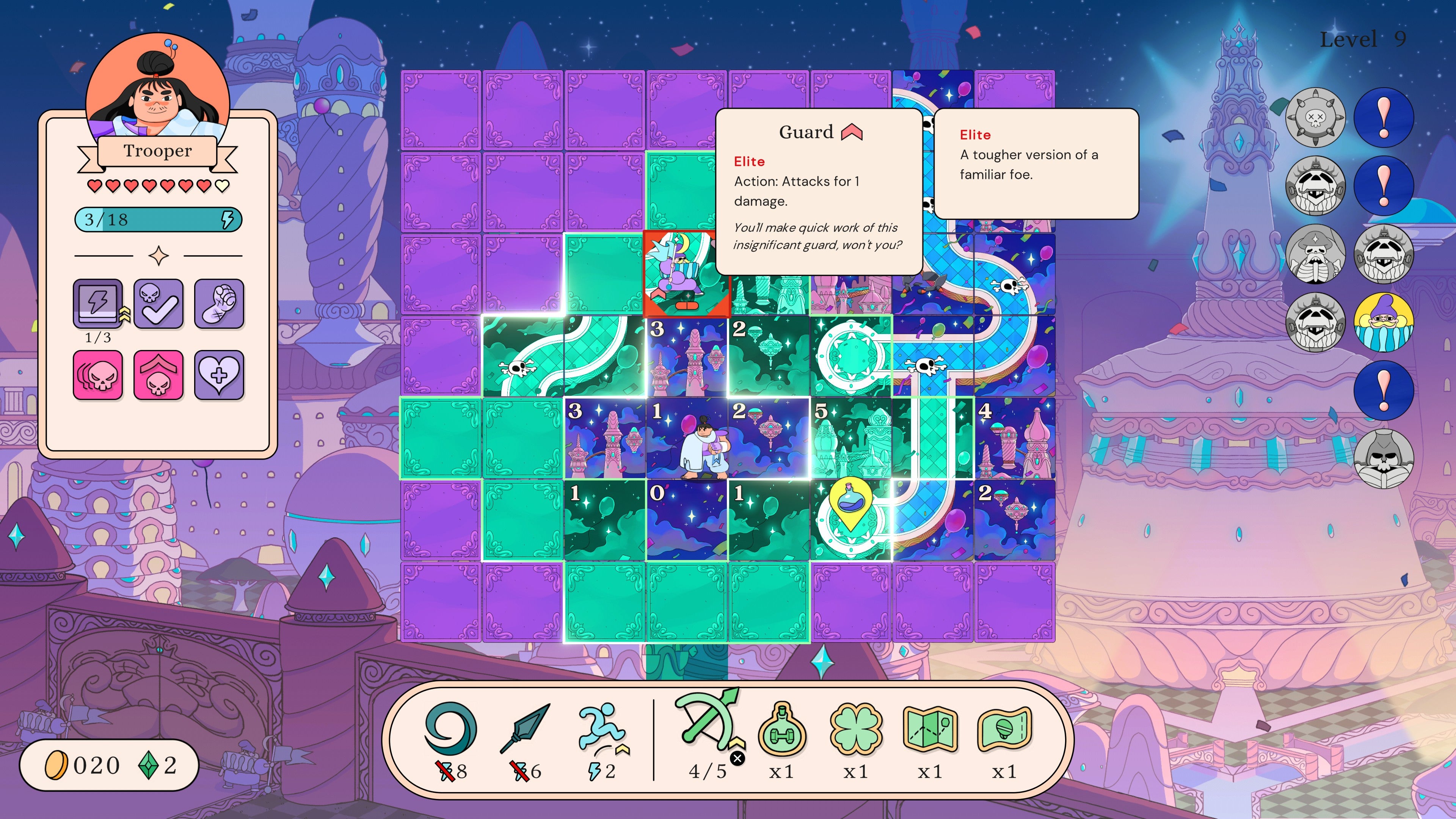 A warrior prepares to fire a bow and arrow in a city-themed board of tiles in Let&rsquo;s! Revolution!