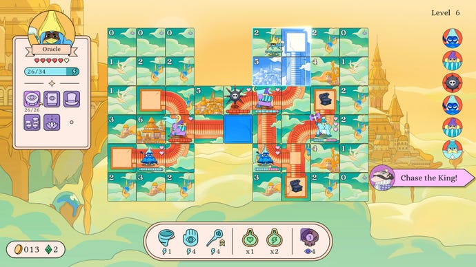 A witch prepares to leave a floating city-themed board of tiles in Let’s! Revolution!