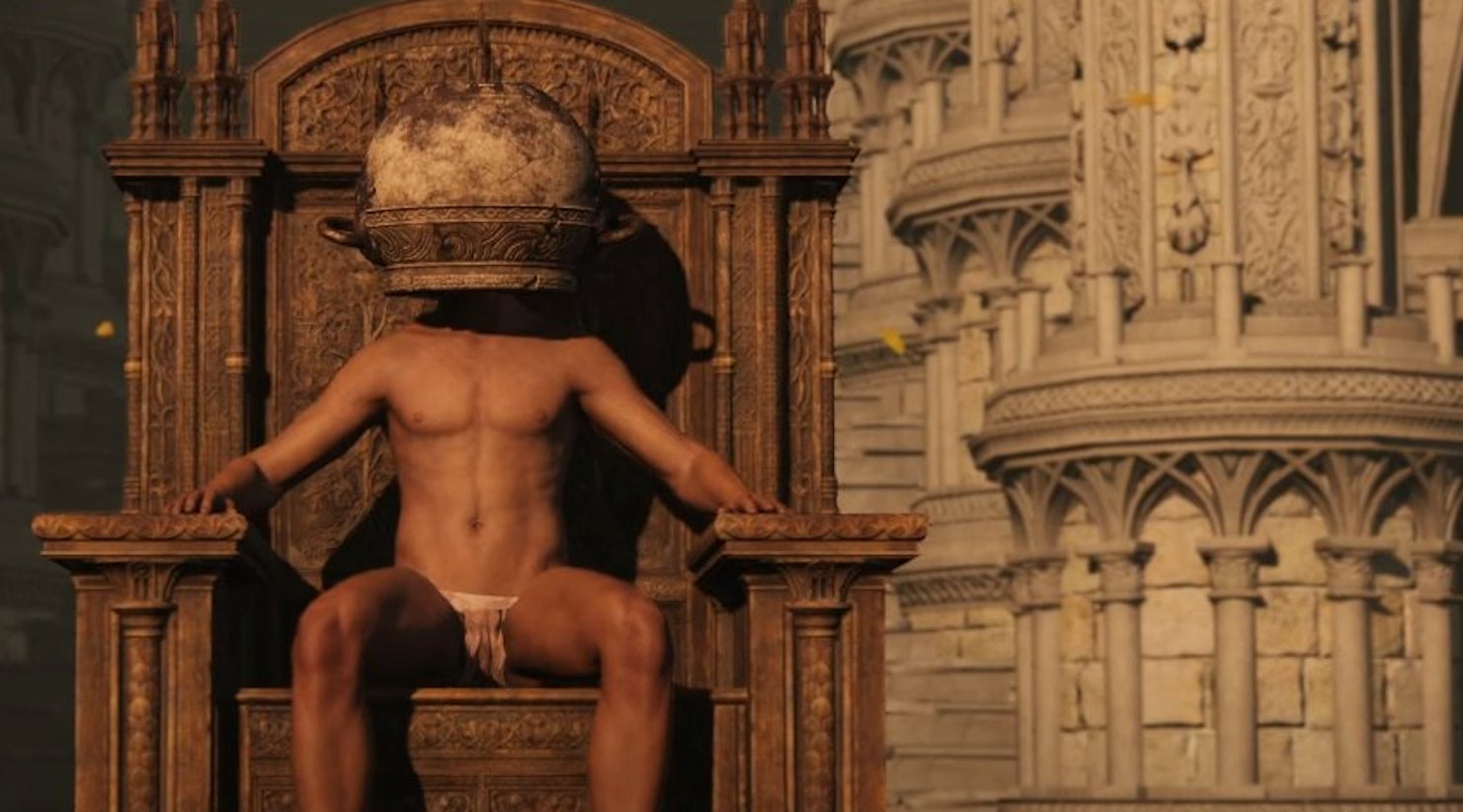 Pot helmet person sits on a throne in Elden Ring