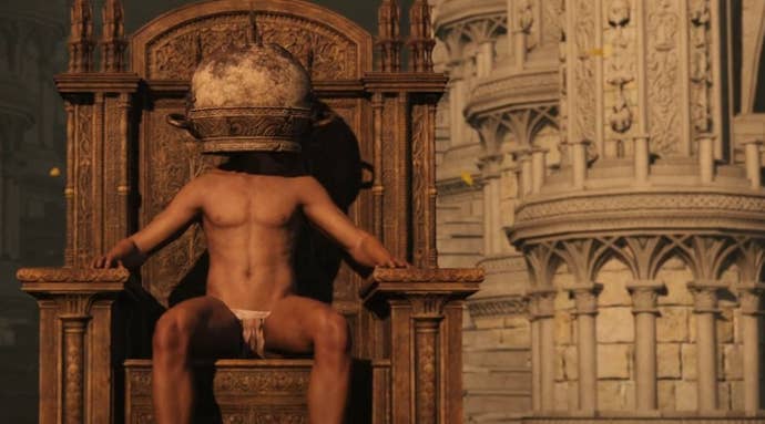 Pot helmet person sits on a throne in Elden Ring