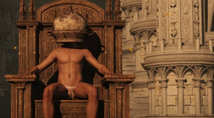 Pot helmet person sits on a throne in Elden Ring