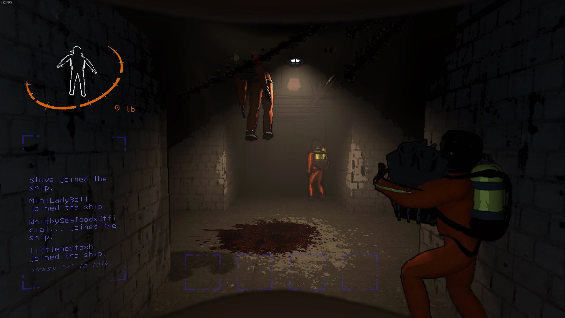 Several Lethal Company employees go about their business in the hallway while the body of another, stuck in the spike trap that killed them, hangs from the ceiling. - 4