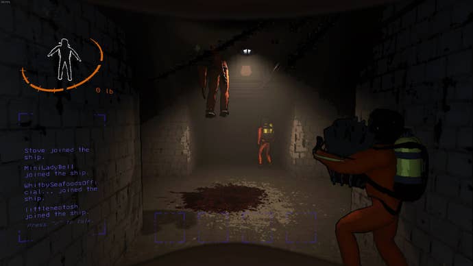 Several Lethal Company employees go about their business in the hallway while the body of another, stuck in the spike trap that killed them, hangs from the ceiling.