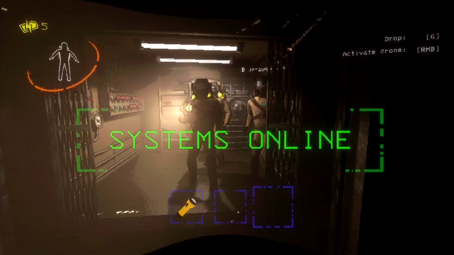 The player faces two other players in a small room in Lethal Company, with a 'Systems Online' notification shown on the screen - 1