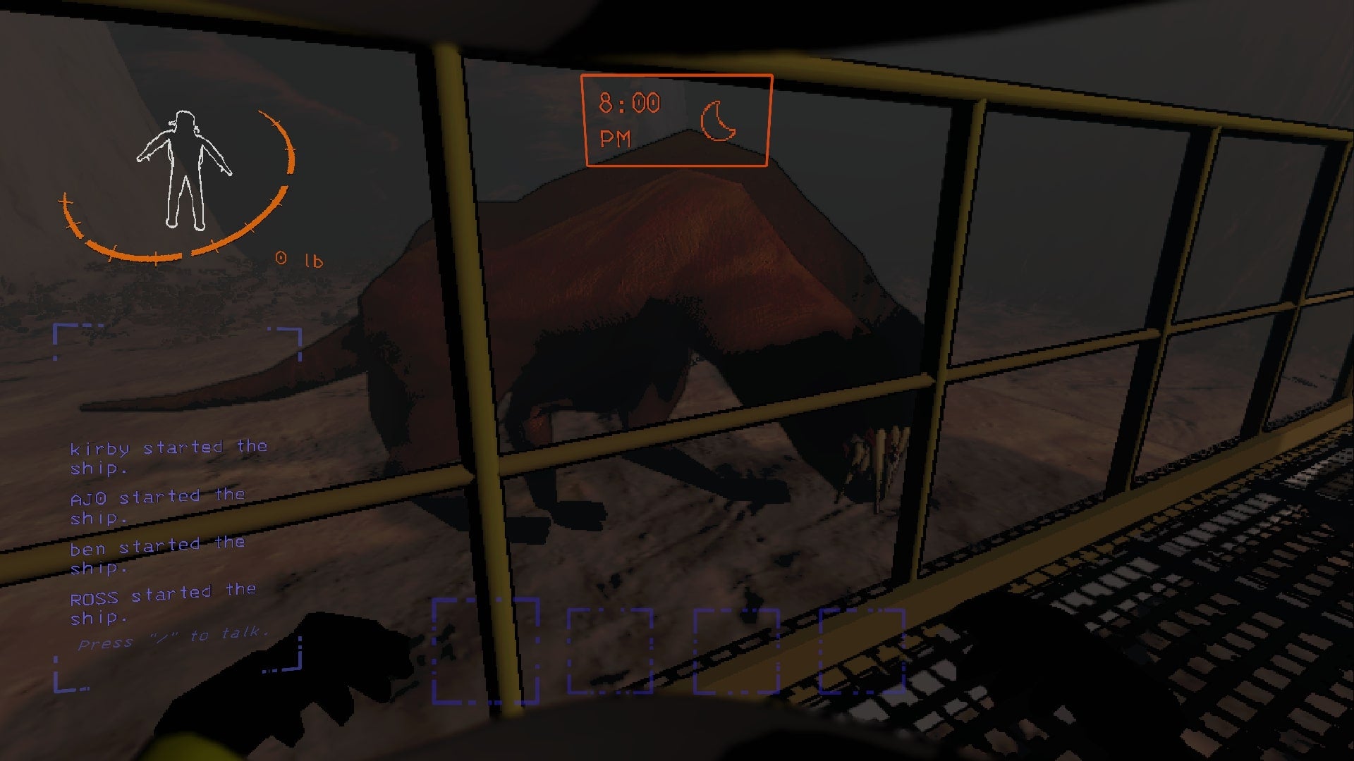 While sat on the ship in Lethal Company, the player looks directly at an Eyeless Dog wandering around outside of it