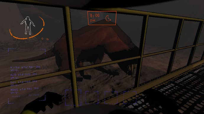 While sat on the ship in Lethal Company, the player looks directly at an Eyeless Dog wandering around outside of it