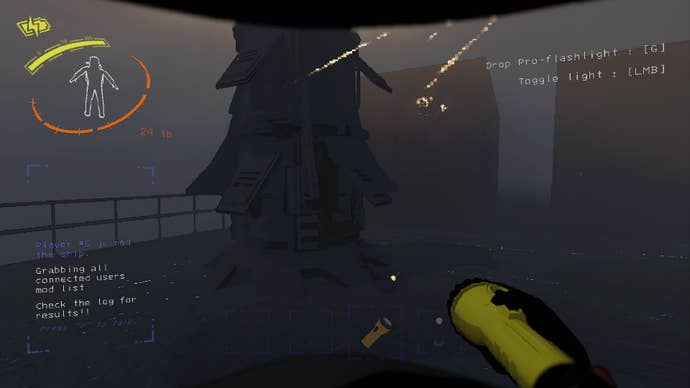 The player points a pro-flashlight at the spacecraft that delivers items in Lethal Company