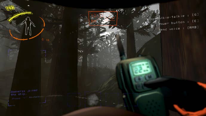 A player stands in a forest on an abandoned moon holding some equipment in Lethal Company