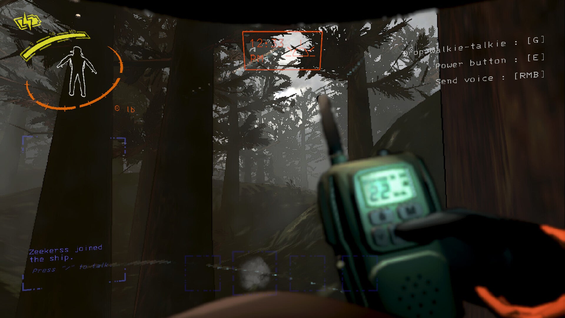 A player stands in a forest on an abandoned moon holding some equipment in Lethal Company - 1