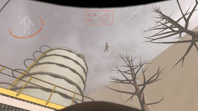 The player looks up at a Manticoil in the sky in Lethal Company