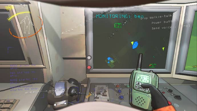 The player looks at the monitor to see the status of other players in Lethal Company while holding a radio