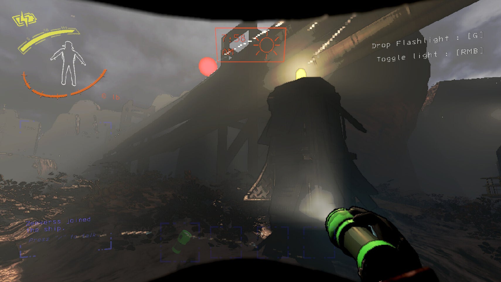 The player points a flashlight at a small spacecraft that delivers items in Lethal Company - 1