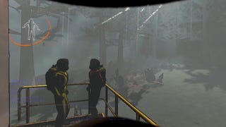 The player faces two fellow players while stood on the ship in Lethal Company