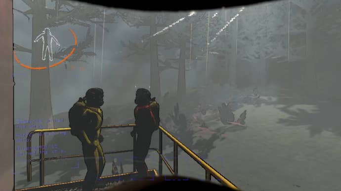 The player faces two fellow players while stood on the ship in Lethal Company