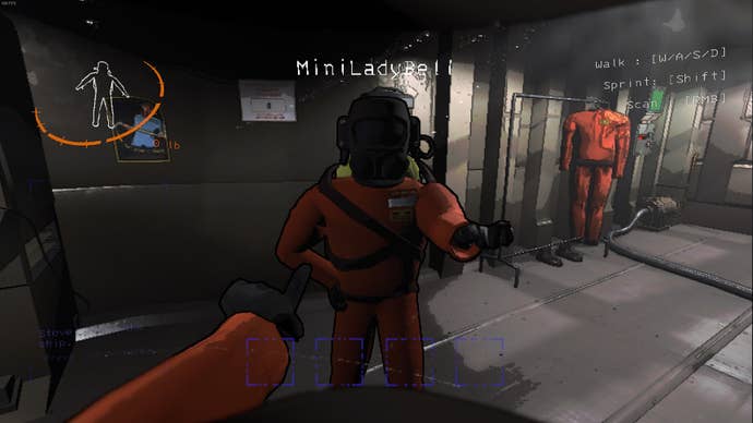 Two Lethal Company employees engage in a jovial pointing match.