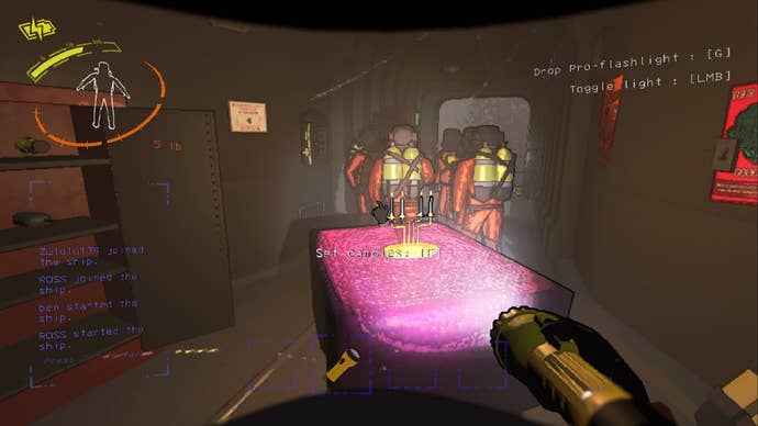 The player points a pro-flashlight at a romantic table aboard the ship in Lethal Company