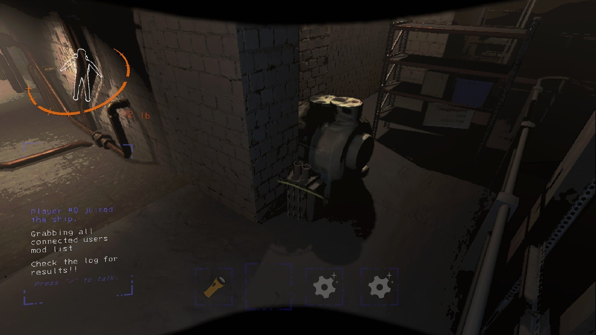 The player looks at some scrap, an engine, in a room inside of one of Lethal Company's facilities - 3