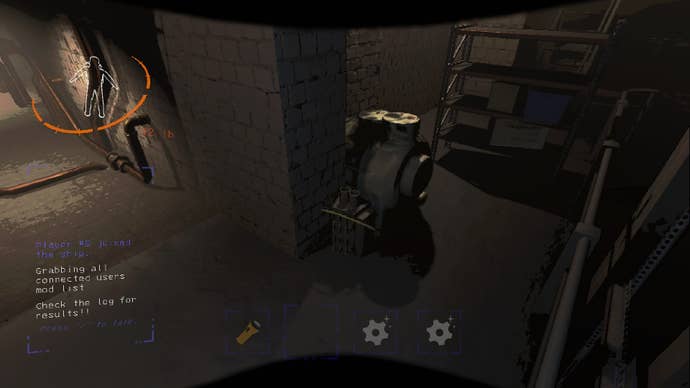 The player looks at some scrap, an engine, in a room inside of one of Lethal Company's facilities
