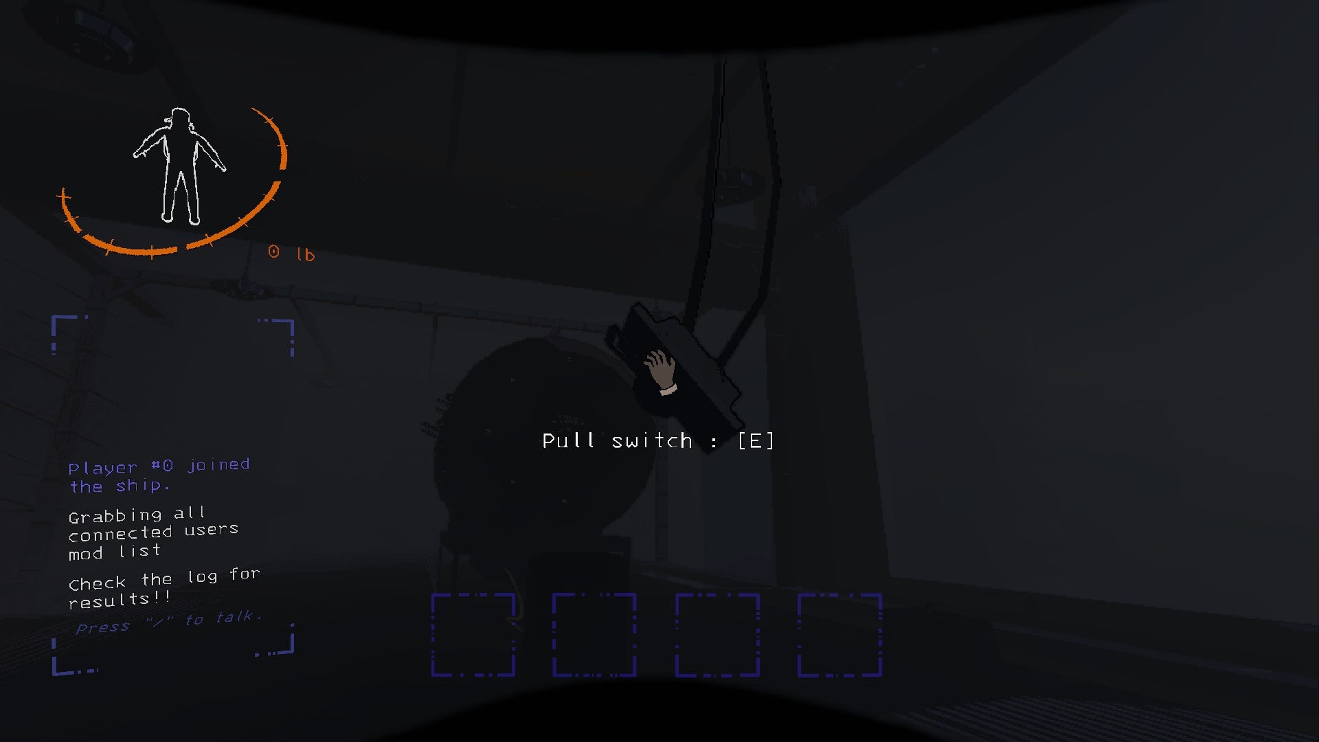 The player interacts with a switch beside a submarine that is beneath the Company building in Lethal Company - 5
