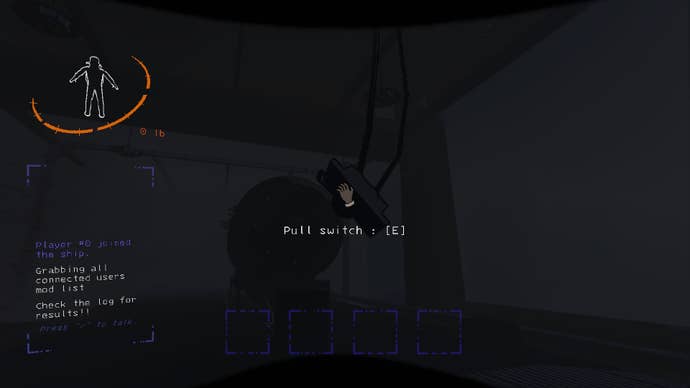 The player interacts with a switch beside a submarine that is beneath the Company building in Lethal Company