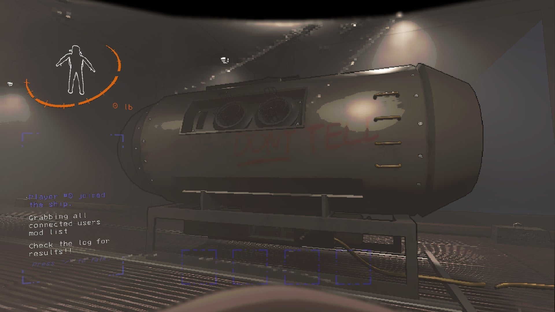 The player faces a submarine, painted with a &ldquo;DON&rsquo;T TELL&rdquo; warning, that is beneath the Company building in Lethal Company