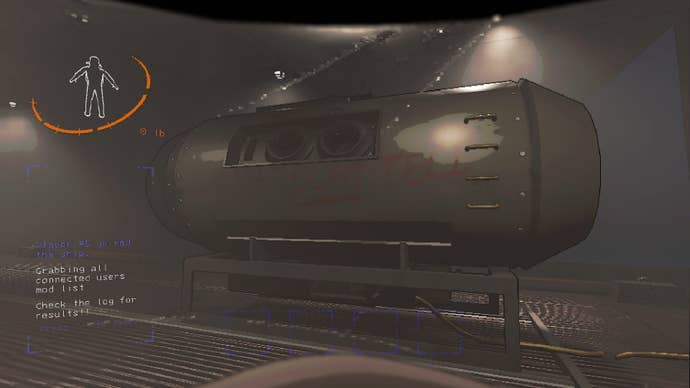 The player faces a submarine, painted with a "DON'T TELL" warning, that is beneath the Company building in Lethal Company