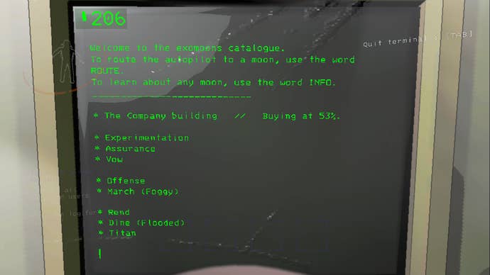 The player uses the terminal in Lethal Company to look at the moons available for exploration