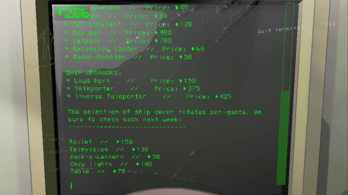 The player uses the terminal in Lethal Company to look at what is available to purchase from the store