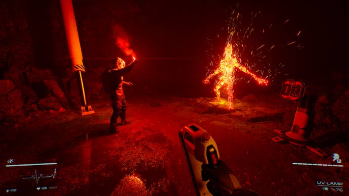 A group of players use guns and flares to subdue an alien enemy in Level Zero
