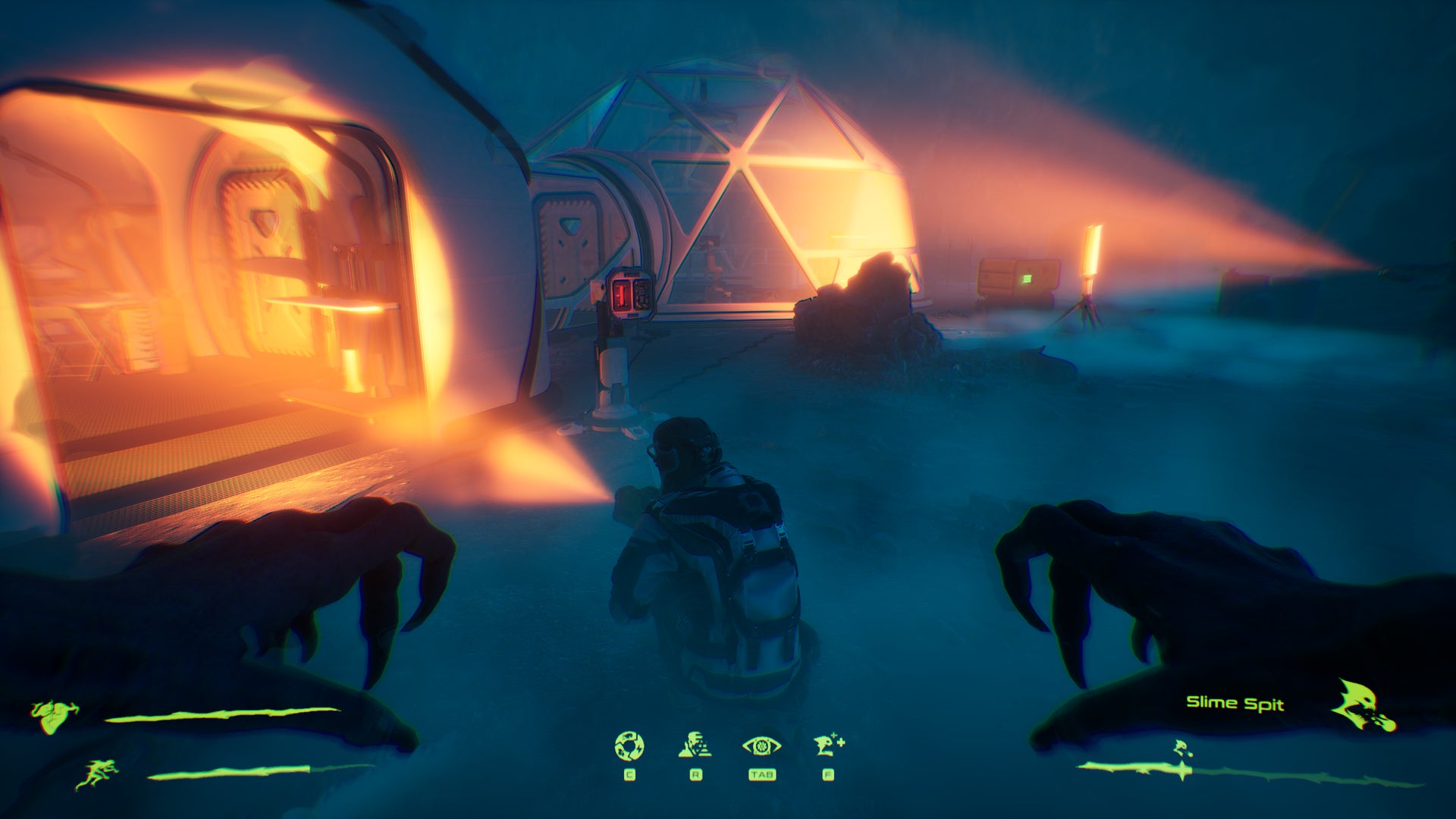 The player - an alien - stalks a mercenary player inside a facility in Level Zero - 4