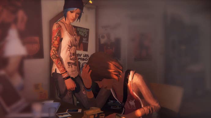 Max watches Chloe, sat at a desk with her head in her hands, in Life Is Strange.