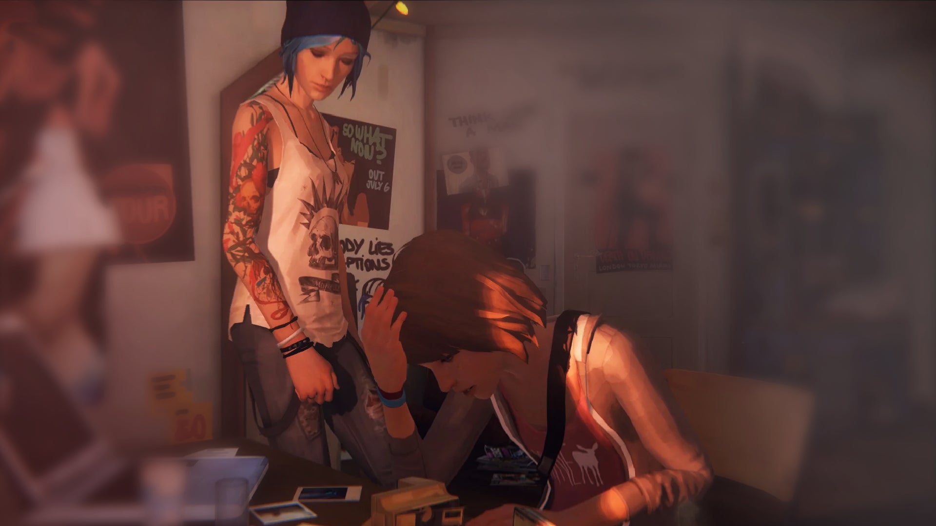 Max watches Chloe, sat at a desk with her head in her hands, in Life Is Strange. - 1