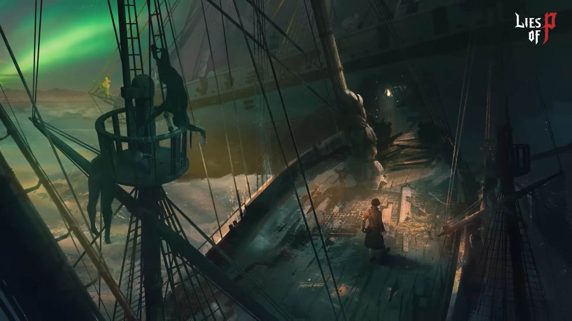 Lies of P screenshot of main character on a sinking ship in gloomy lighting