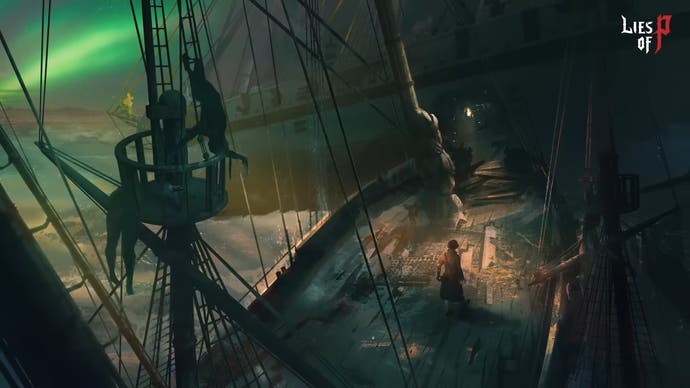 Lies of P screenshot of main character on a sinking ship in gloomy lighting