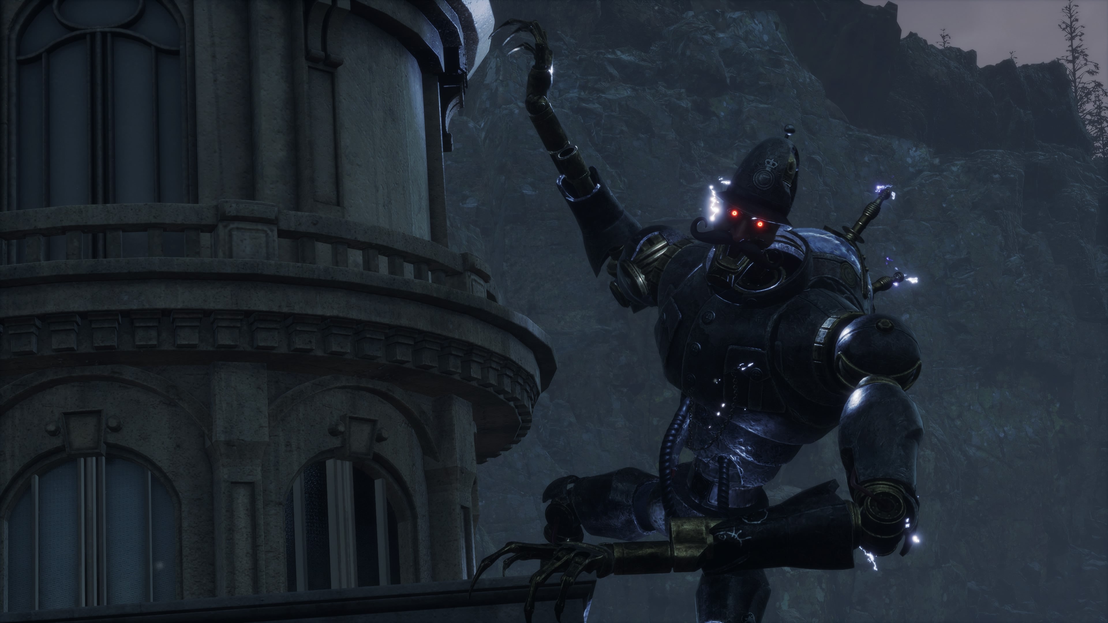 Lies of P screenshot showing a huge puppet policeman hanging off a building.