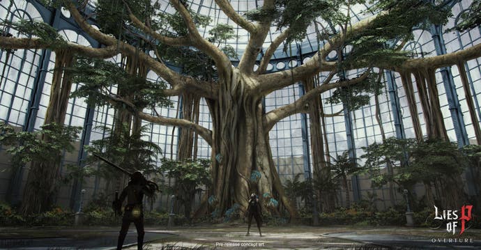 Lies of P Overture concept art showing protagonist facing a mysterious figure inside a glass house with a huge tree