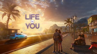 A couple stand and stare at the sunset with the Life By You logo above
