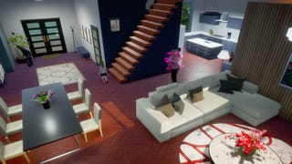 A top-down view inside a house where two Sims embrace in a hug in Life By You