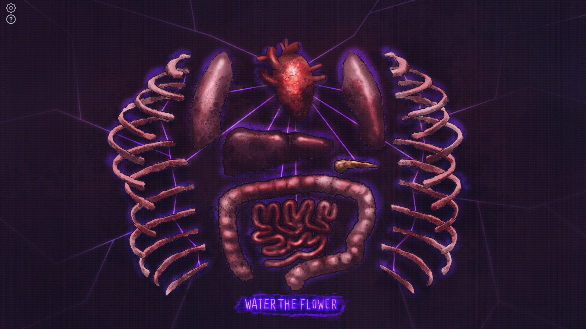 An assortment of organs and ribs are shown, with the message &lsquo;Water the Flower&rsquo; beneath them all in Life Eater